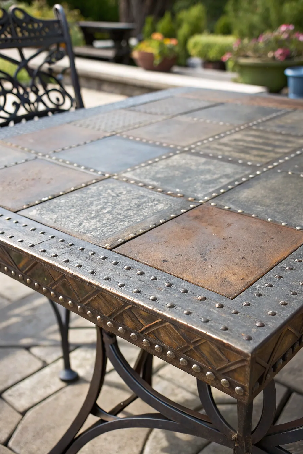 Transform your patio with an industrial touch: a table topped with eco-friendly recycled metal.