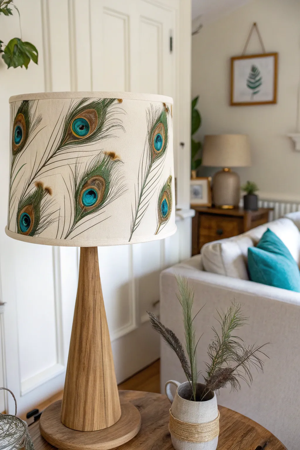 Illuminate your space with the enchanting glow of a peacock feather lampshade, where elegance meets natural beauty.