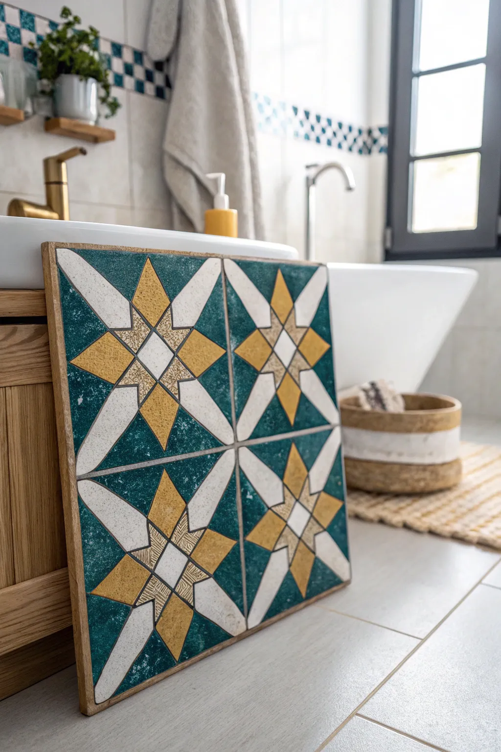 Transform your bathroom into a Mosaic Marvel with striking peel and stick tiles.