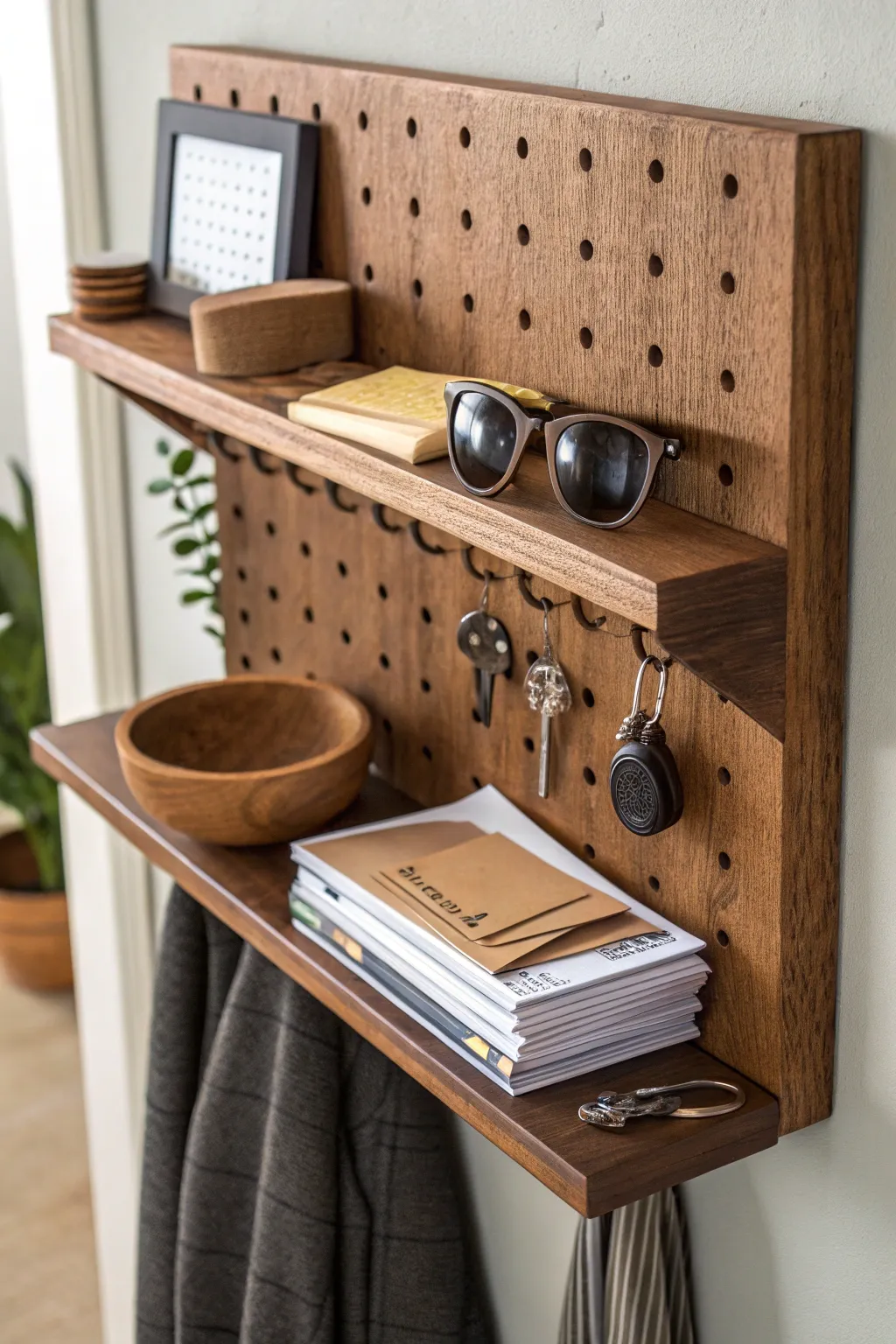 Welcome home with style and organization – the perfect entryway pegboard for the modern craftsman.