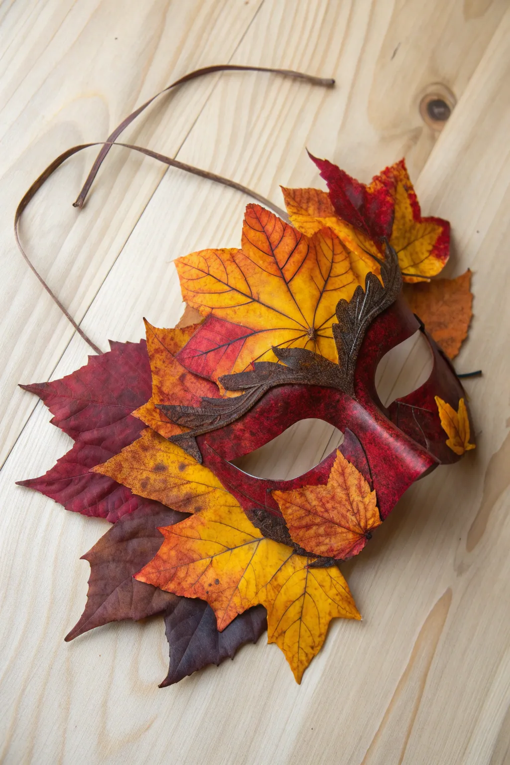 Embrace the season with a mask that tells a story of nature's vibrant beauty.