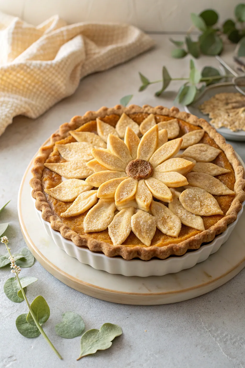 Bring a touch of sunshine to your table with this charming sunflower pie design.