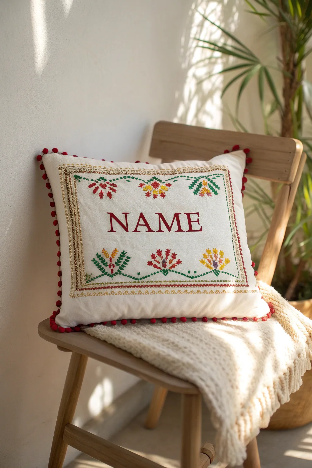 Add a personal touch to your decor with a handcrafted name pillow, blending simplicity with vibrant elegance.