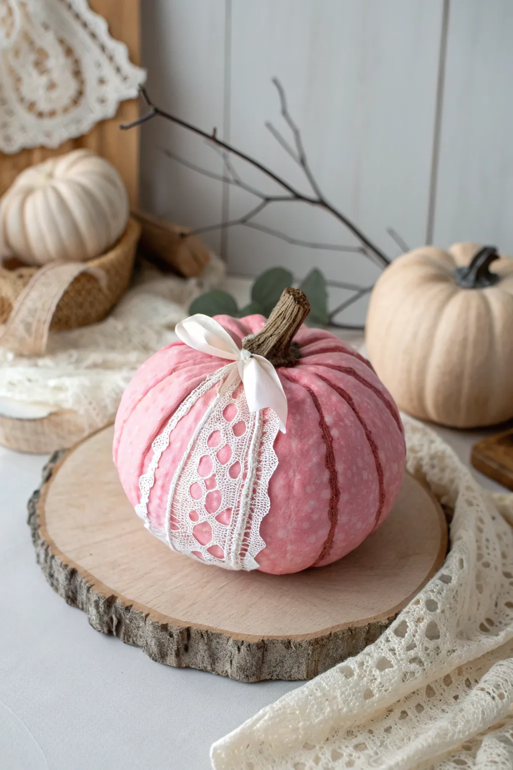 Transform your autumn decor with a touch of romantic elegance — a pink pumpkin wrapped in lace and fabric remnants, perfect for a cozy, minimalist setting.