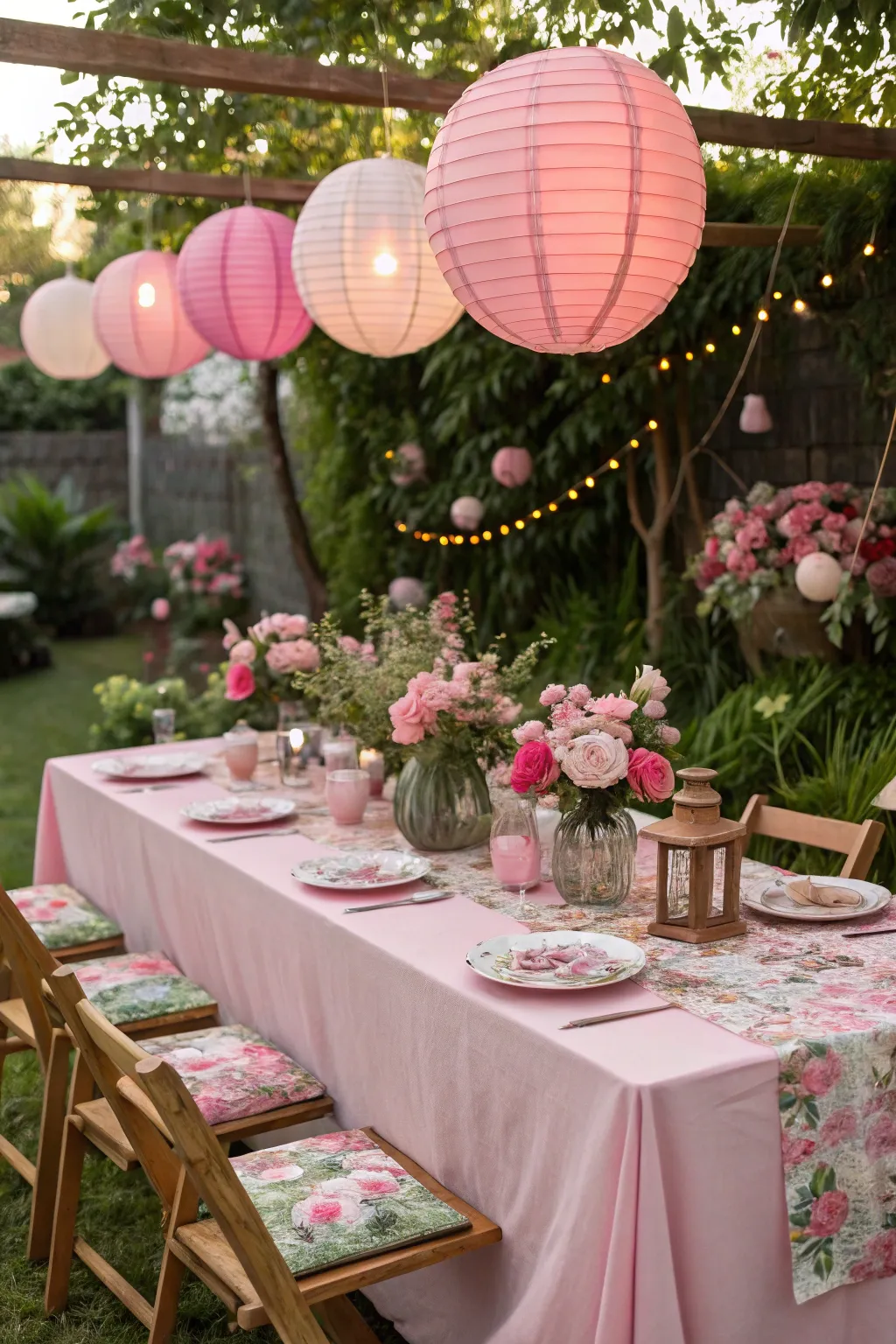 A themed pink table setting for a garden party.