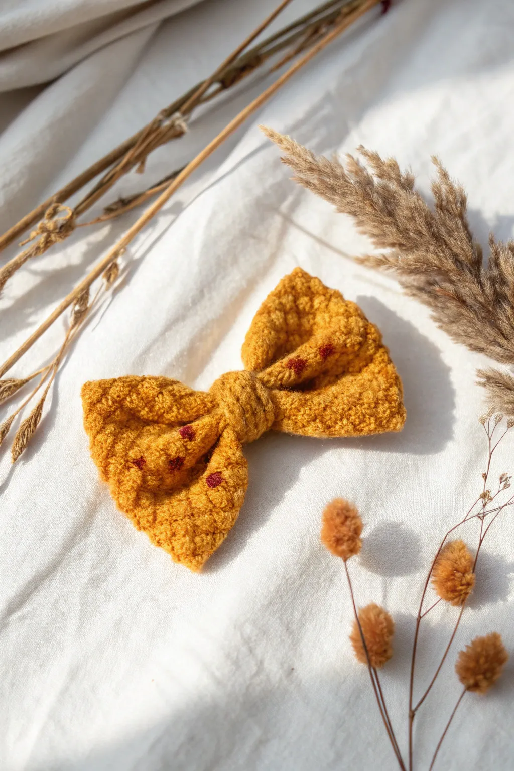 Whimsical charm meets minimalist elegance with this handcrafted pom-pom bow.