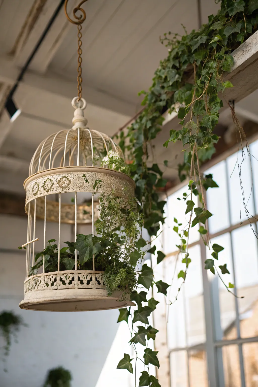 Transform a vintage birdcage into a charming hanging planter for a touch of natural elegance in your home.