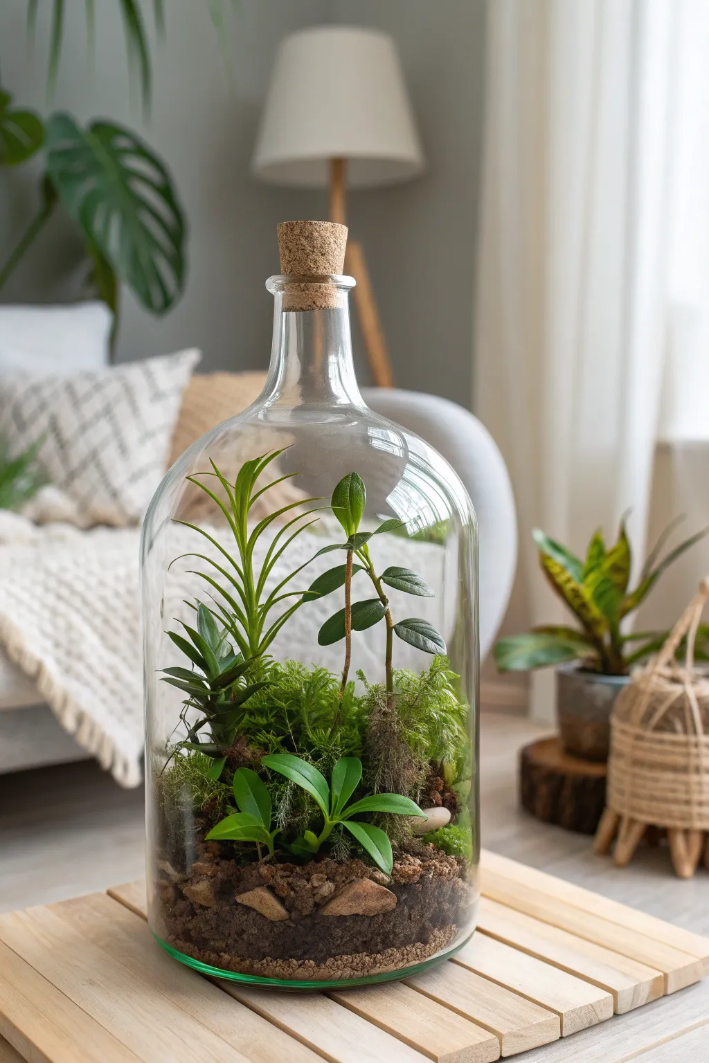 Discover the serene beauty of a closed ecosystem in a bottle, where nature thrives with minimal intervention.