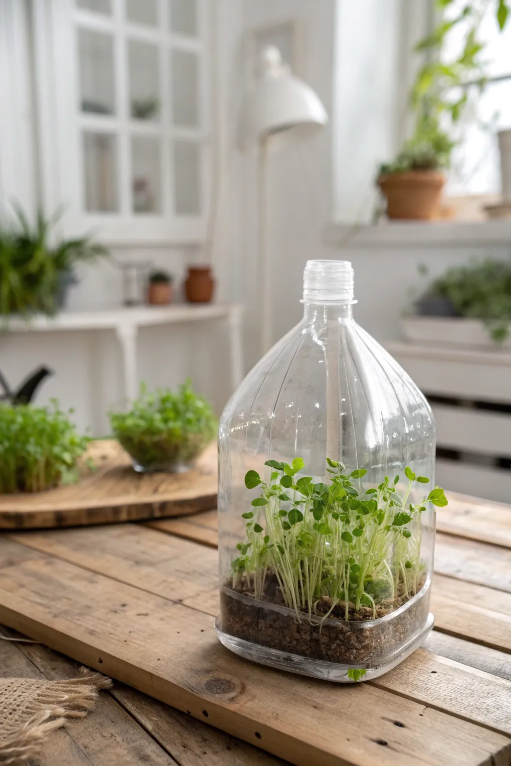 Transform everyday plastic into a charming greenhouse for your seedlings, blending simplicity with natural beauty.