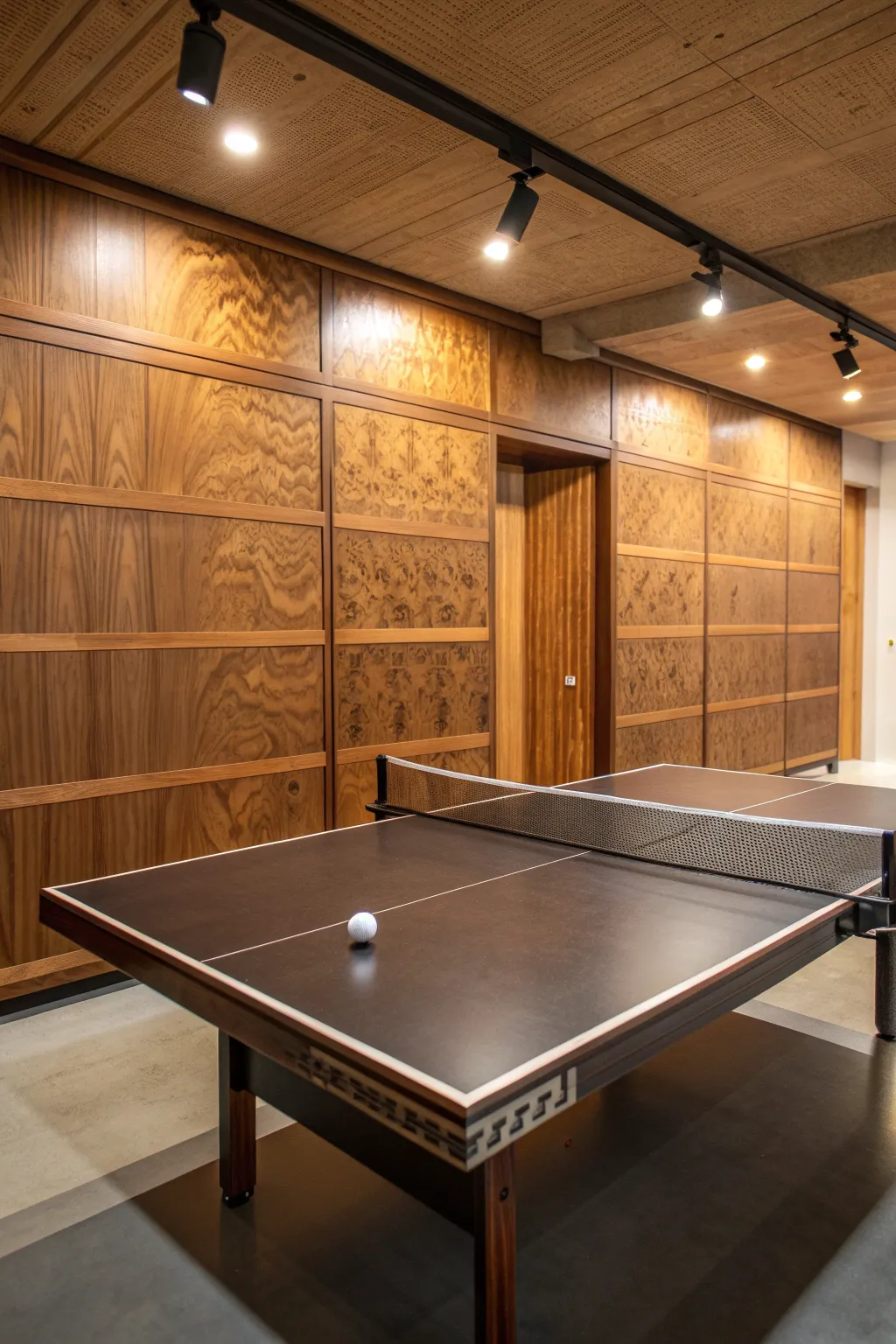 Transform your garage into the ultimate sports haven with stylish plywood walls and a sleek ping-pong setup.