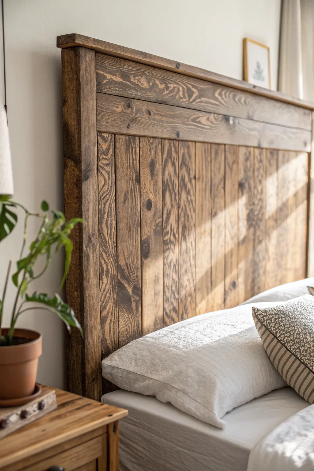 Transform your bedroom into a rustic retreat with this stunning weathered plywood headboard, a perfect blend of Scandinavian simplicity and Boho warmth.