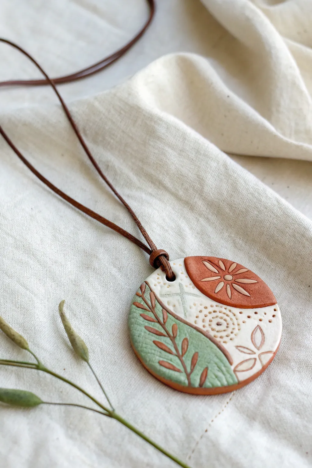 Elevate your style with the art of polymer clay: A pendant that blends simplicity and natural elegance.