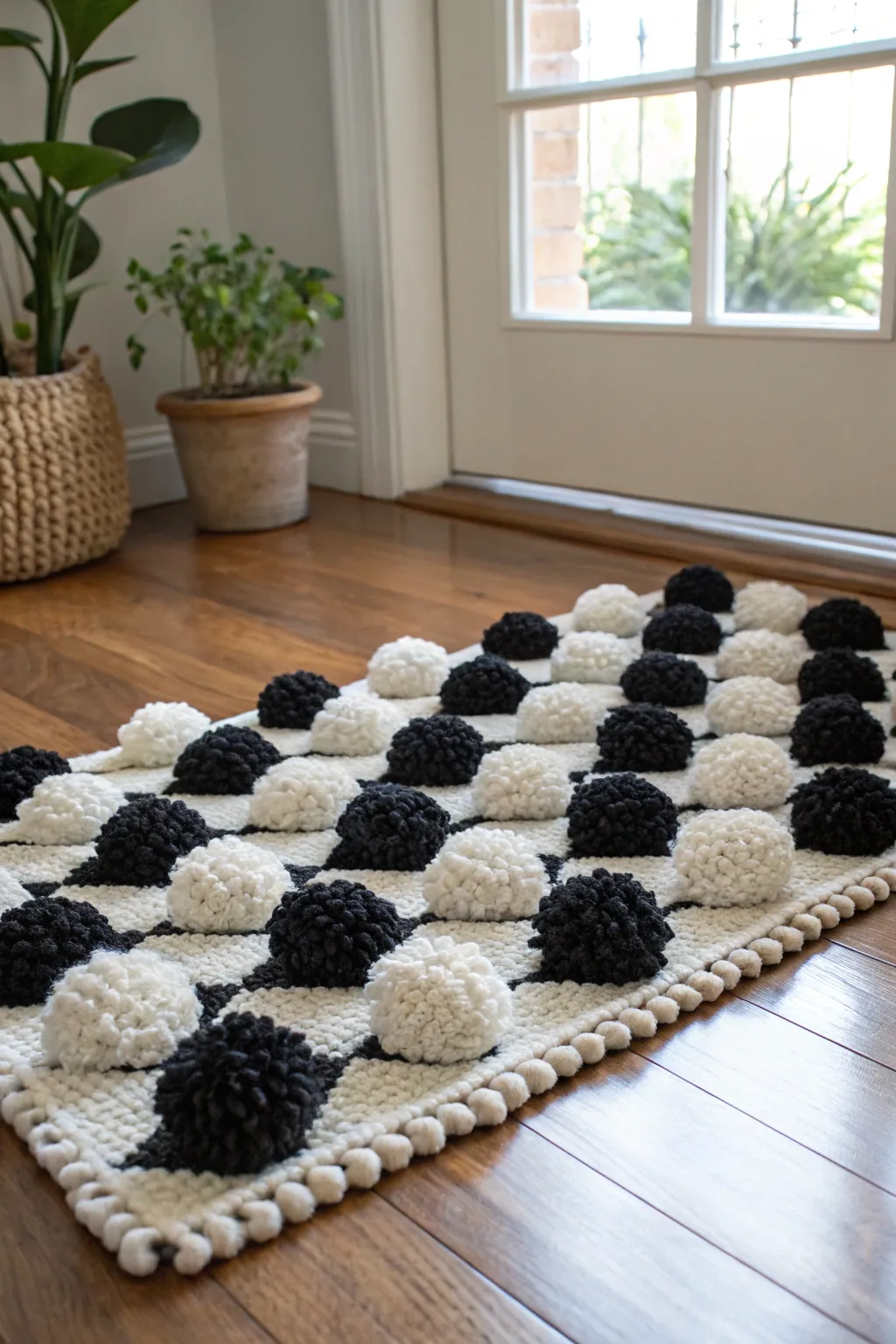 Elevate your space with the elegance of a monochrome pom pom rug, where simplicity meets sophistication.
