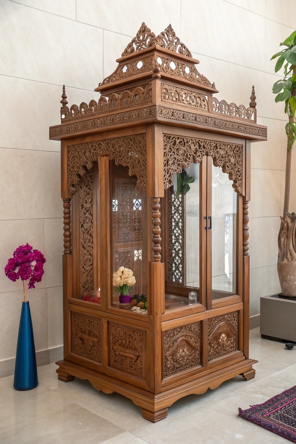Traditional charm meets modern elegance in this unique pooja mandir design.