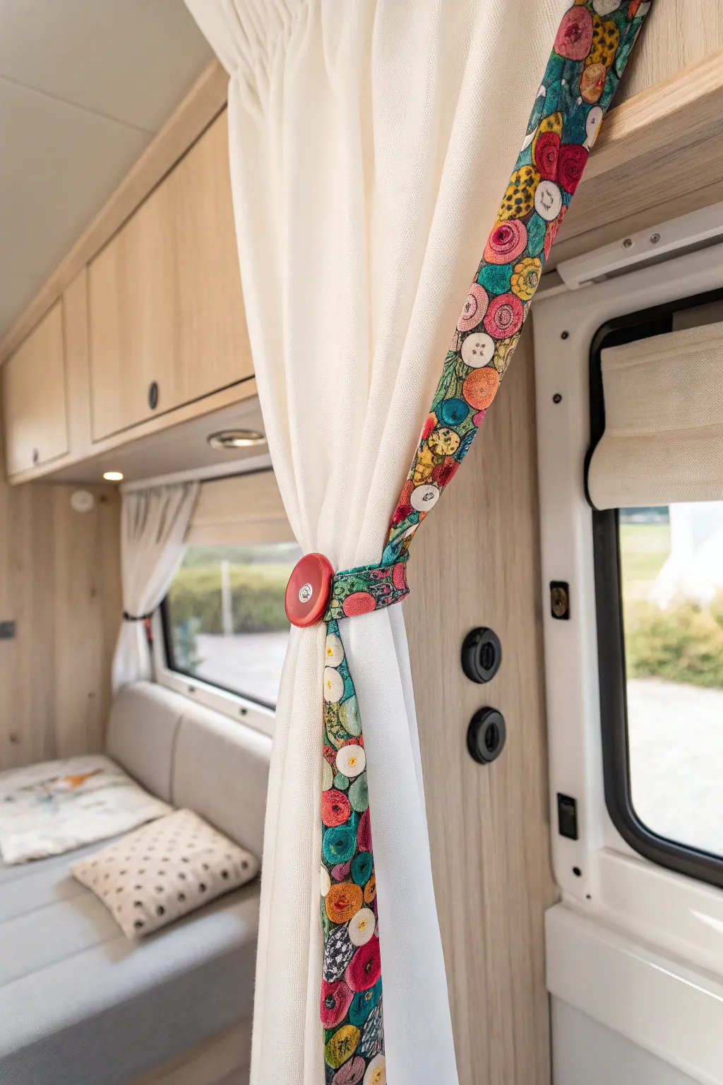 Transform your camper with these charming custom tiebacks, blending minimalist elegance with boho flair.