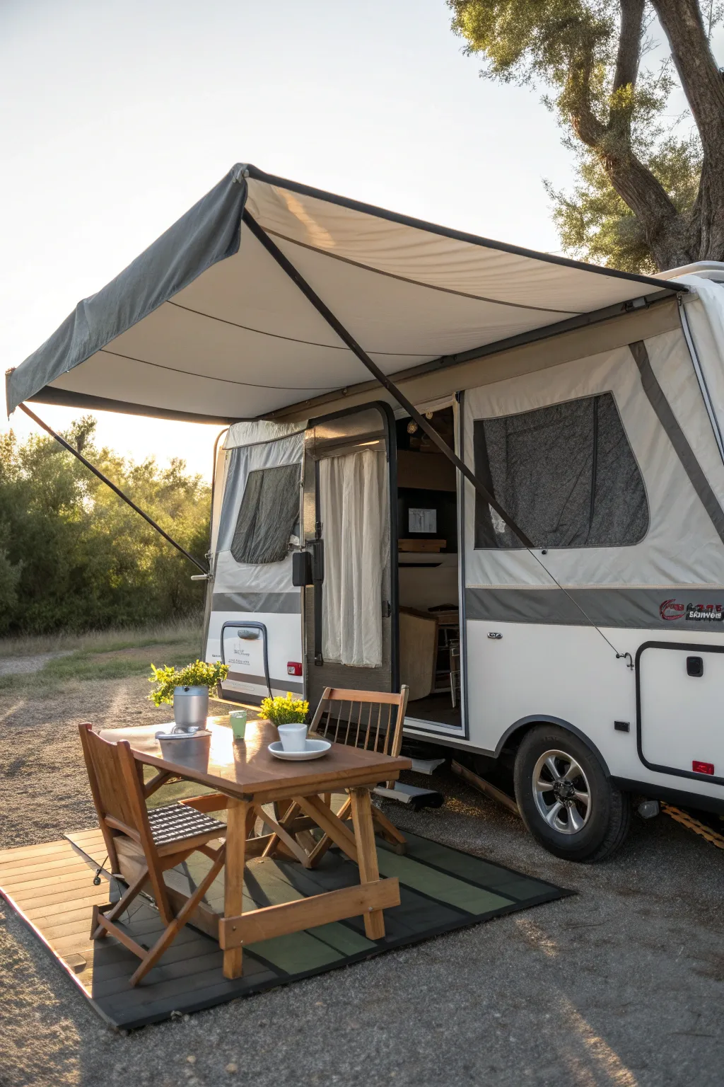 Transform your pop-up camper experience with a finely crafted portable awning, perfect for savoring your morning coffee in style.