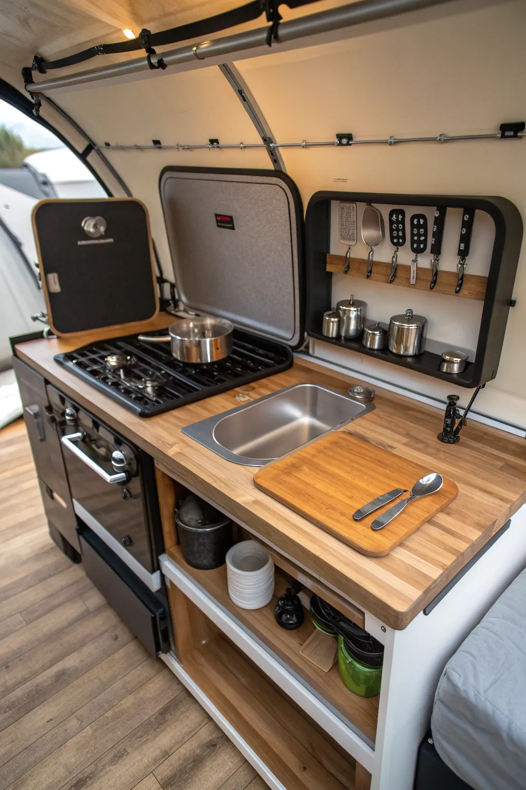 Experience the art of compact living with this stylish and functional mini-kitchen in a pop-up camper.