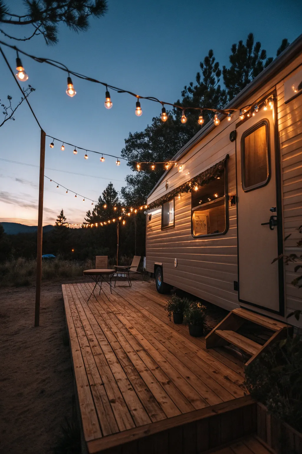 Transform your portable RV deck into a cozy retreat with enchanting string lights.