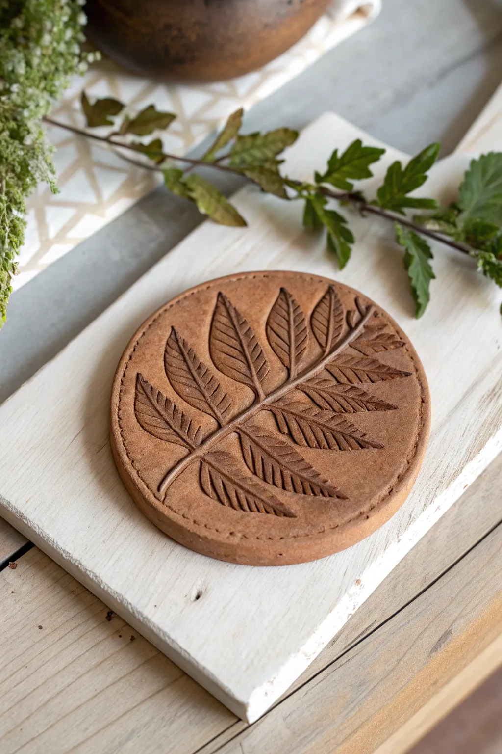 Elevate your coffee table with nature-stamped clay coasters. Simple, elegant, and beautifully crafted.