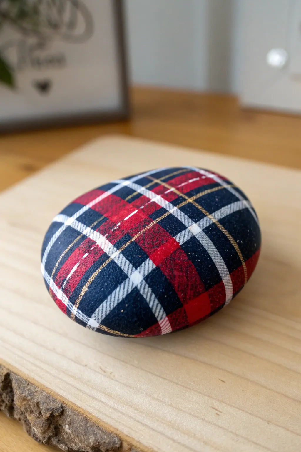 Add a cozy touch to your decor with a chic plaid-patterned rock, where preppy style meets minimalist elegance.