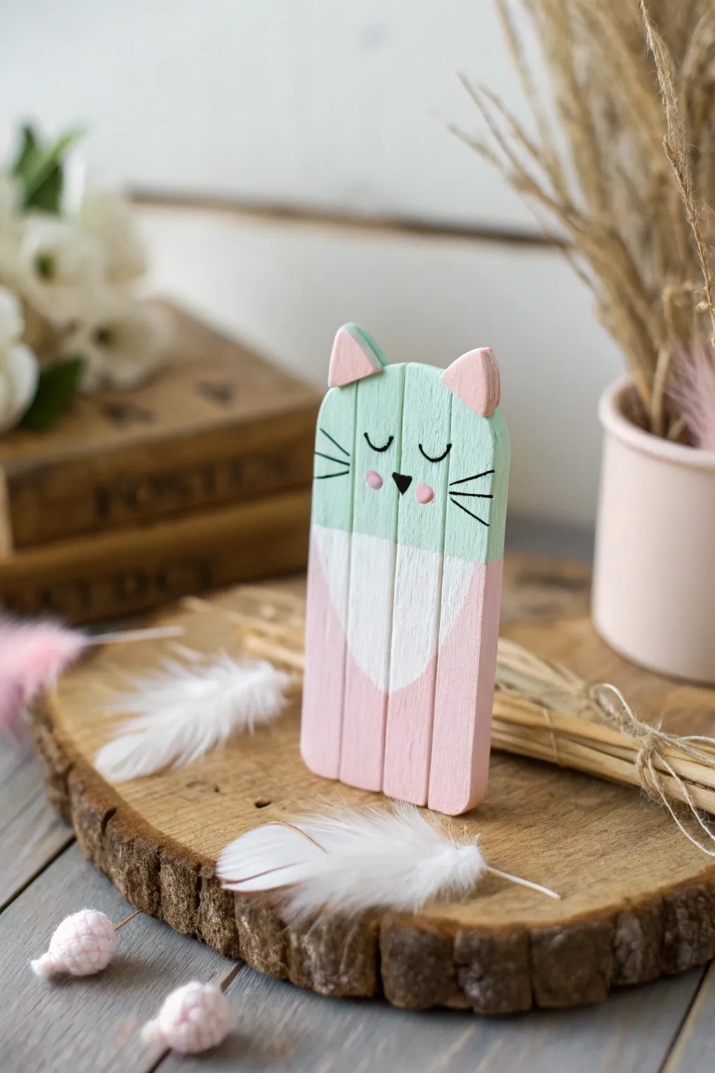 Delight in the simplicity and charm of this handcrafted popsicle stick kitty, a perfect blend of Scandinavian minimalism and boho whimsy.