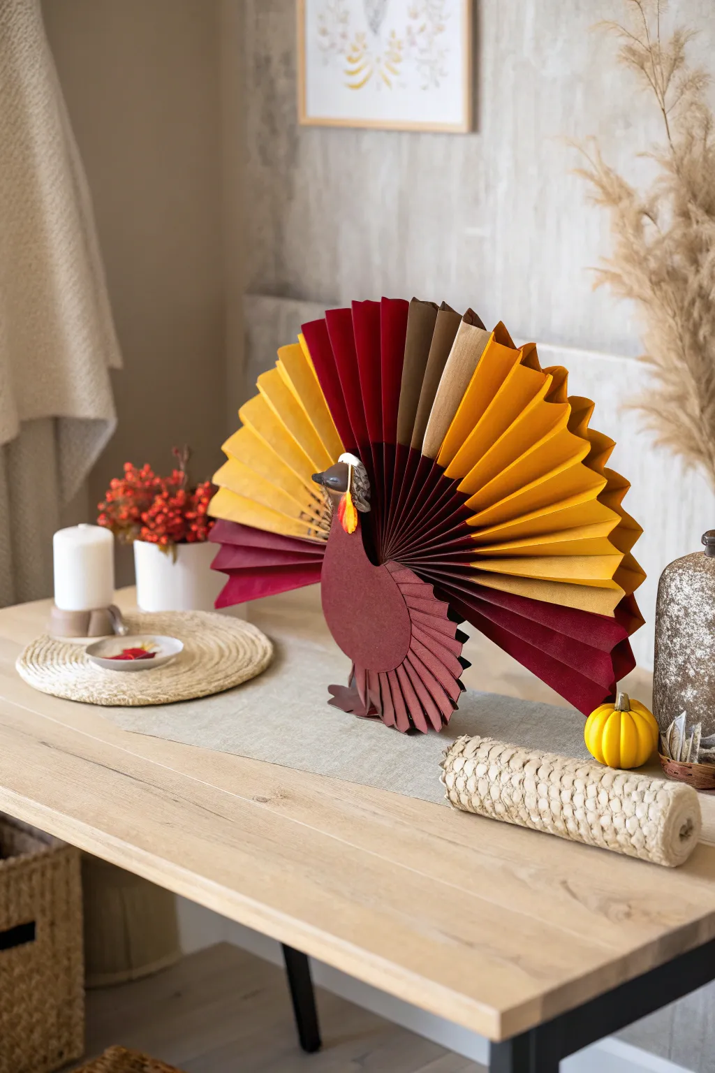 Brighten your Thanksgiving table with a charming paper fan turkey—where minimalist design meets vibrant autumn hues.