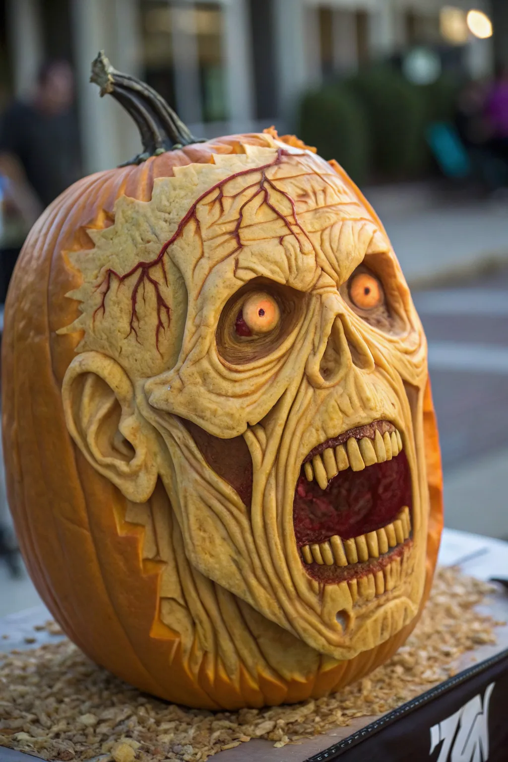 Unleash the undead with this masterfully carved zombie pumpkin, where art meets horror.
