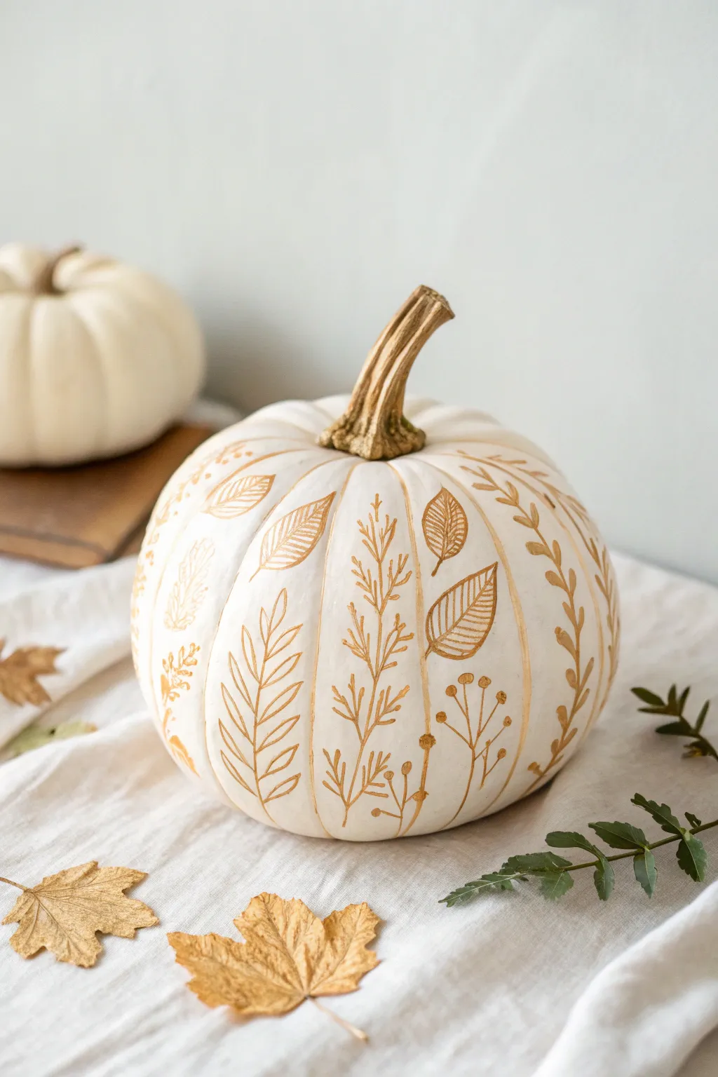 Craft a touch of nature's art with these elegant leaf-patterned pumpkins.