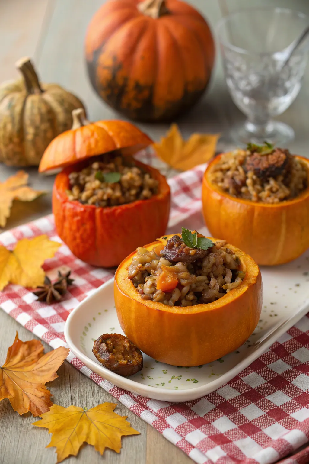 Sausage and rice stuffed pumpkins that are a feast for the eyes and stomach.