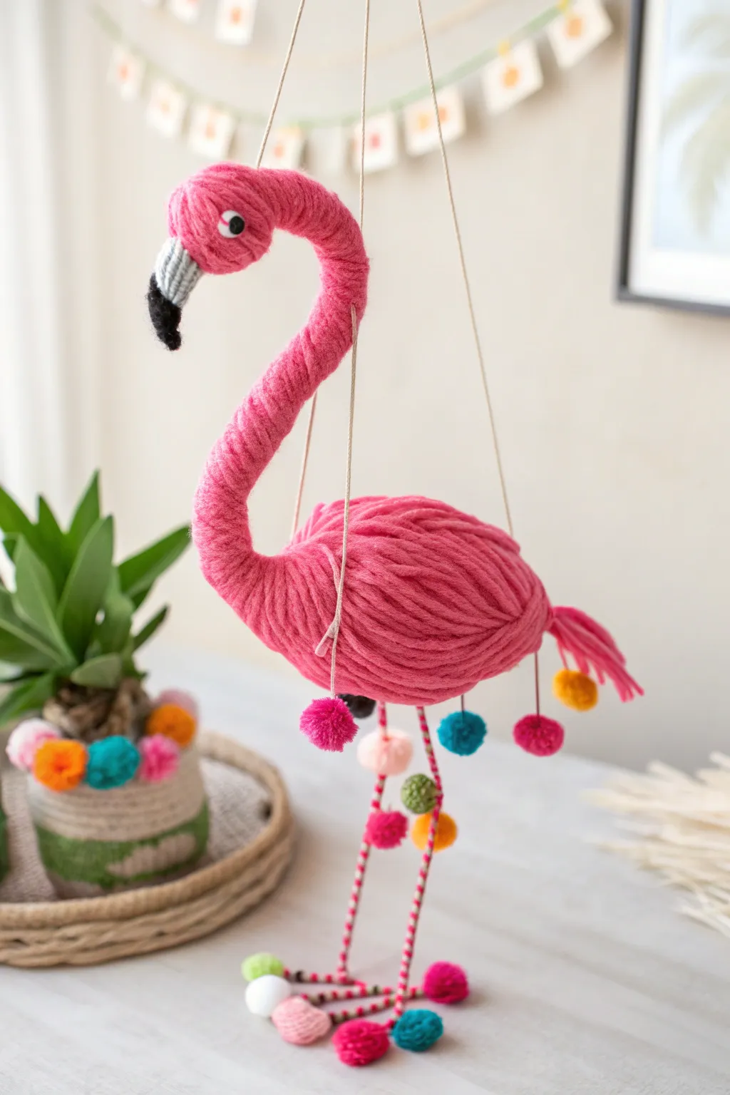 Dance into a world of whimsy with this handcrafted flamingo marionette, where simplicity meets vibrant creativity.