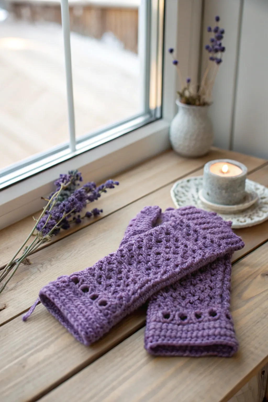 Stay cozy and chic with these handmade violet crochet gloves—perfect for stylish warmth in your creative space.