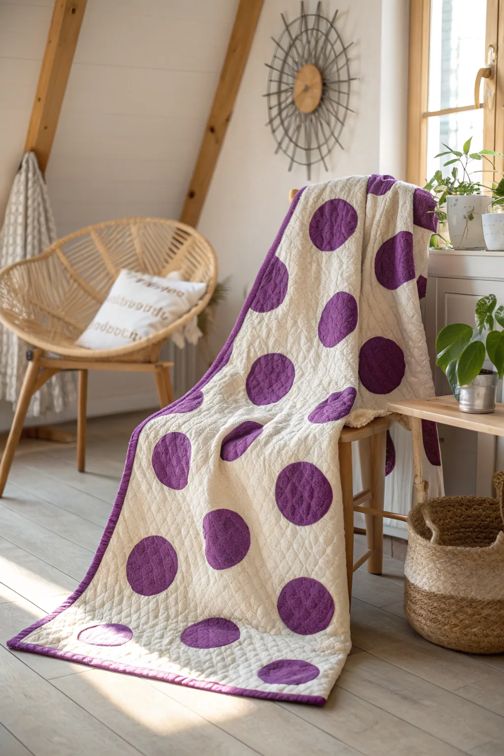 Add a playful touch to your decor with this charming purple polka dot quilt, perfect for brightening up any space!