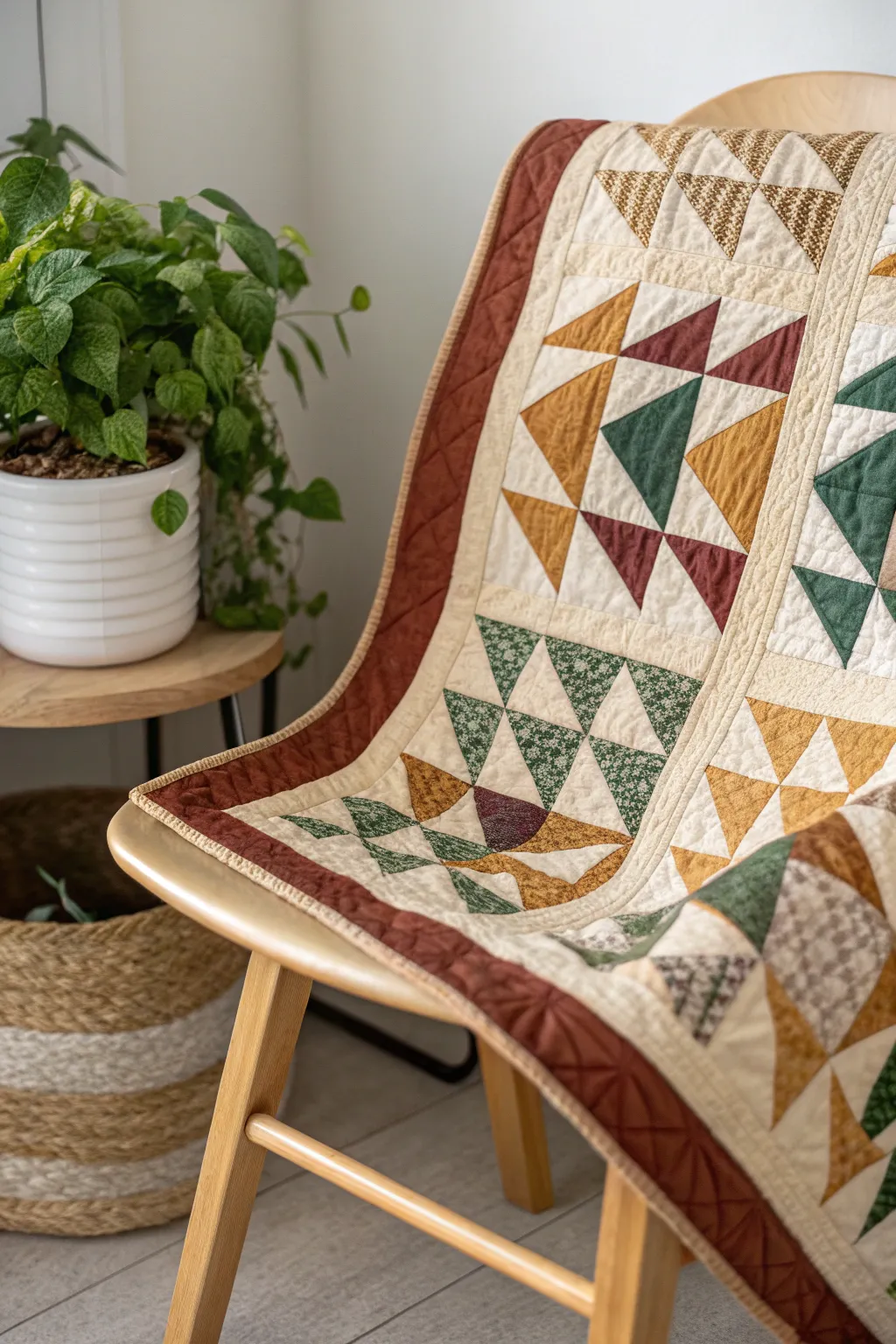 Embrace rustic charm with the timeless Churn Dash quilt pattern in earthy tones. Perfect for a cozy, farmhouse aesthetic.