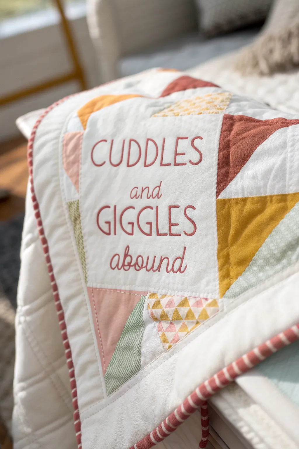Wrap your little one in love with this charming quilt label: 'Cuddles and giggles abound.'