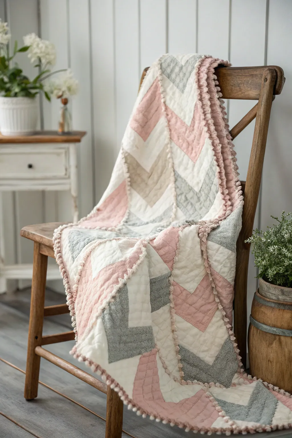 Embrace the zigzag magic with this chevron charm rag quilt, perfect for adding a trendy twist to your cozy space.