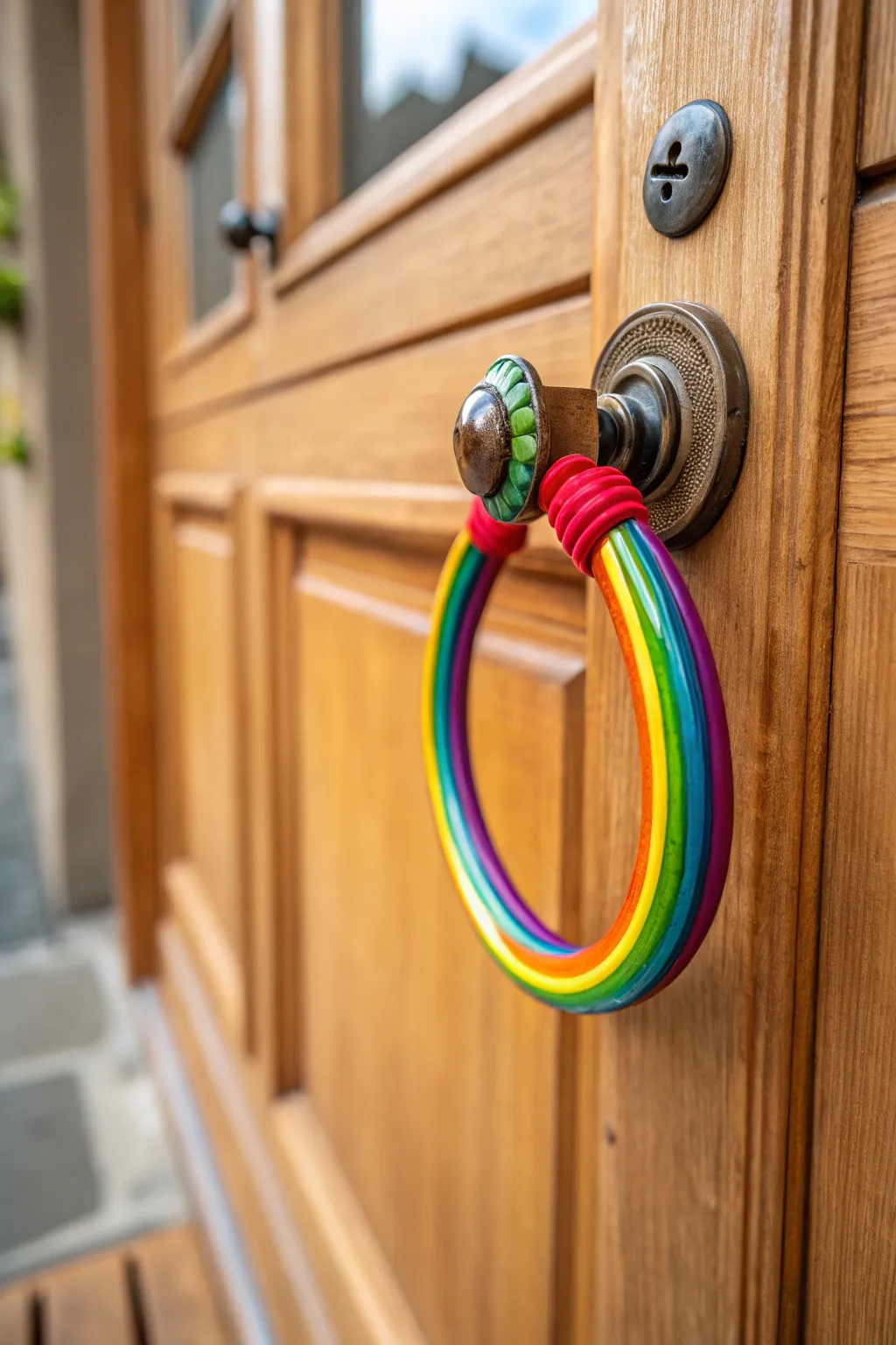 Add character with a rainbow door knocker.