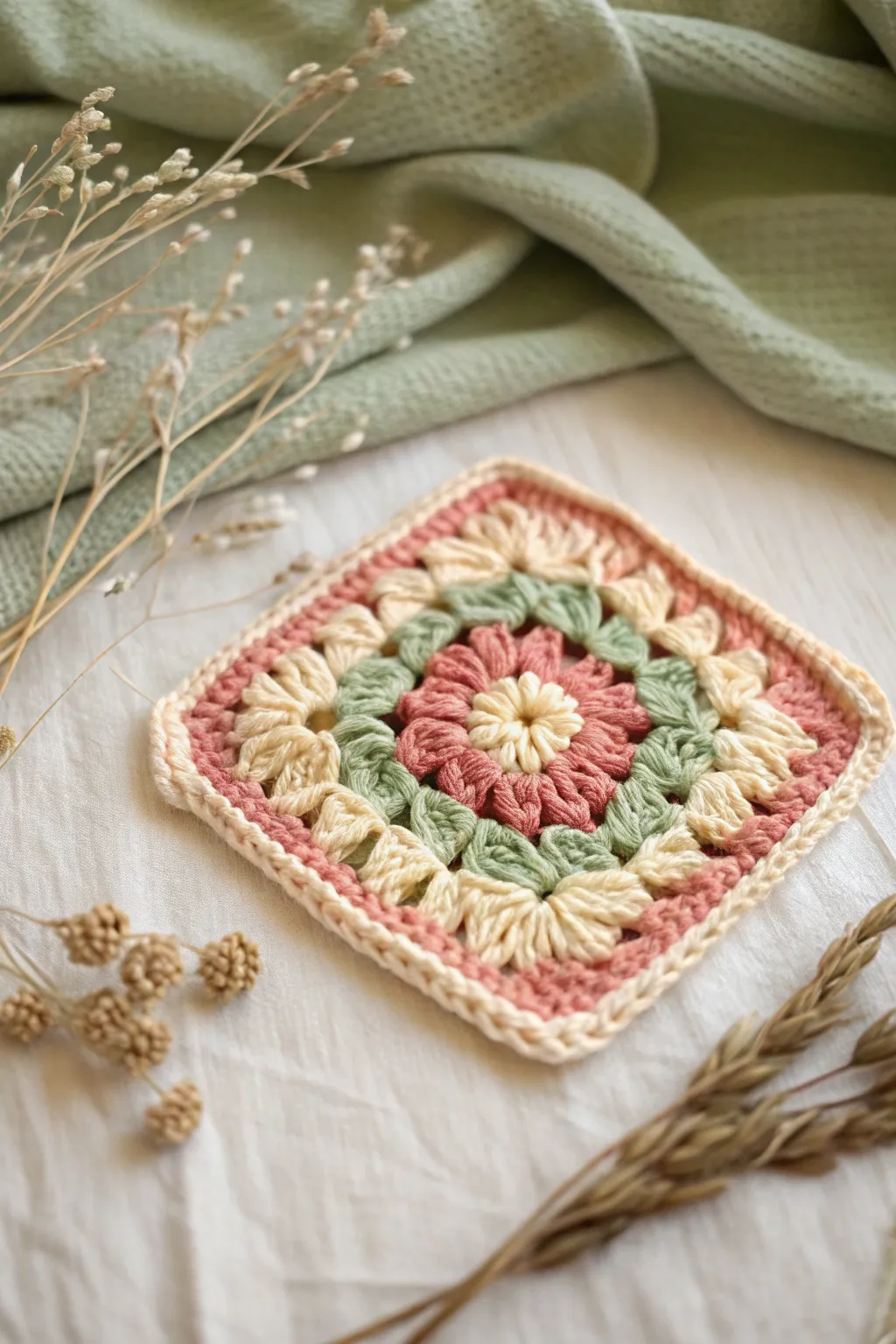 Embrace nostalgia with the timeless charm of a single granny square, a perfect blend of color and craftsmanship.