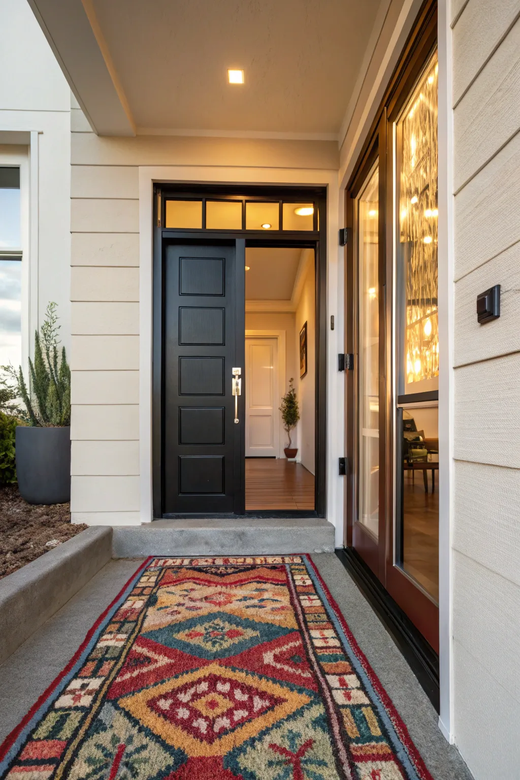 A patterned rug that adds warmth and style.
