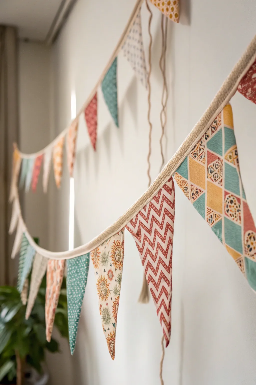 Celebrate sustainably with charming fabric scrap bunting—add a touch of boho beauty to your minimalist decor!