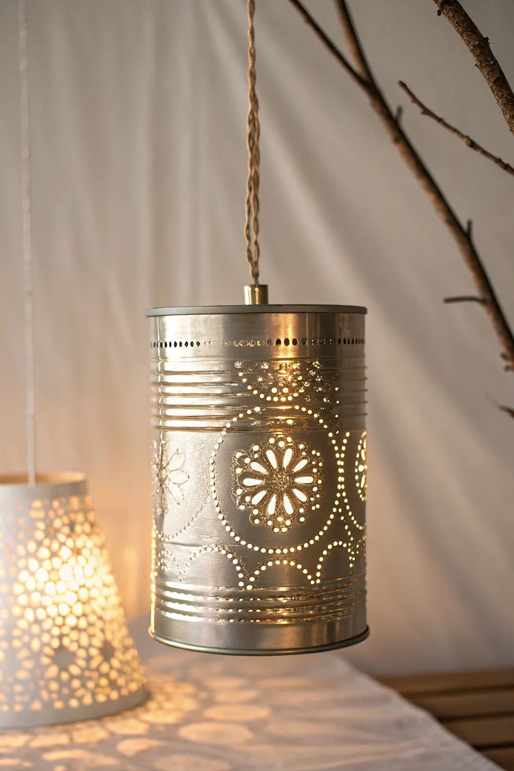 Illuminate your space with a touch of boho-chic: DIY tin can pendant light casting whimsical patterns.