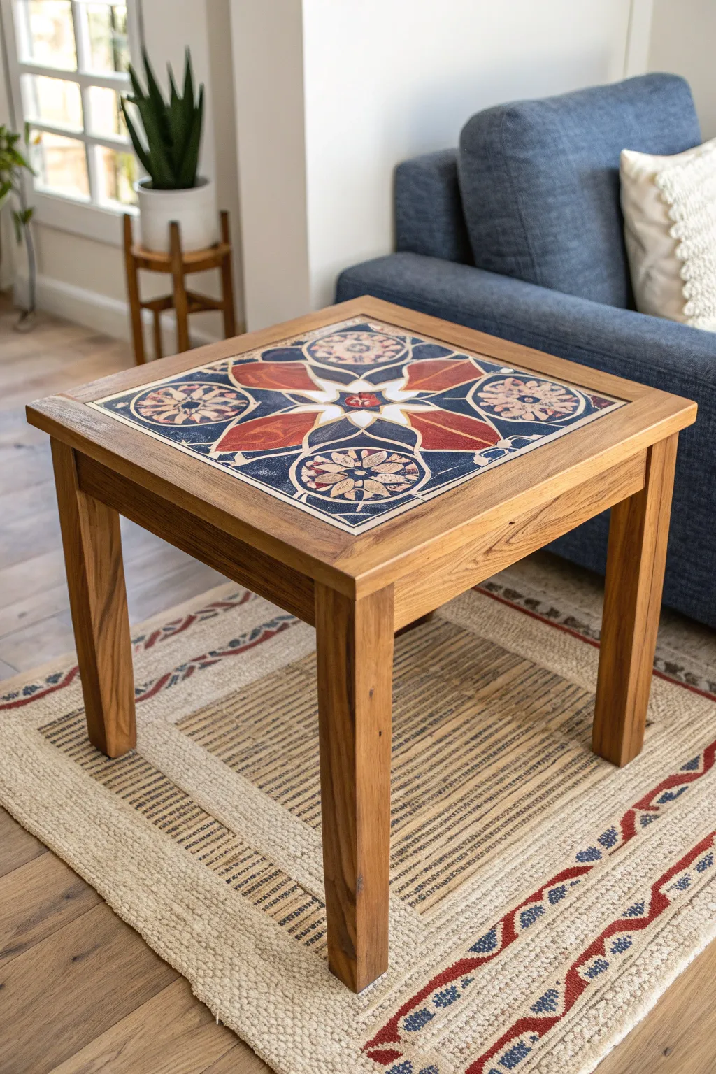 Transform your space with a mosaic masterpiece: A stunning tile top end table that combines simplicity with bold artistry.