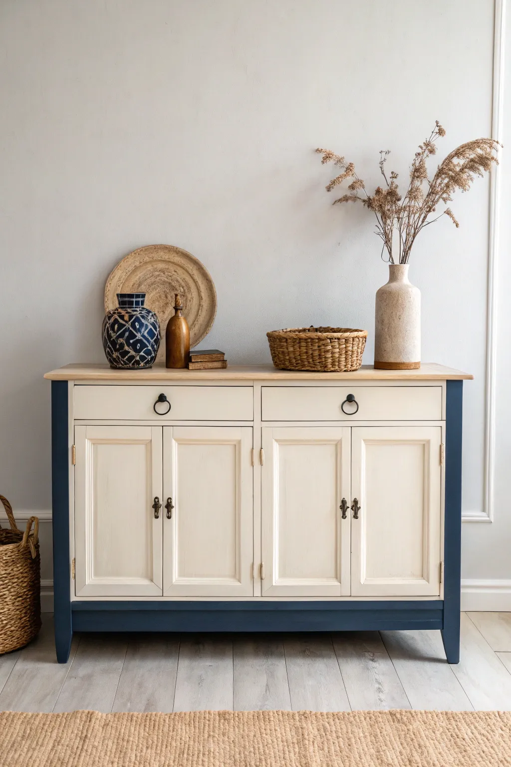 Elevate your space with a chic two-tone buffet that merges Scandinavian simplicity with bold Boho flair.