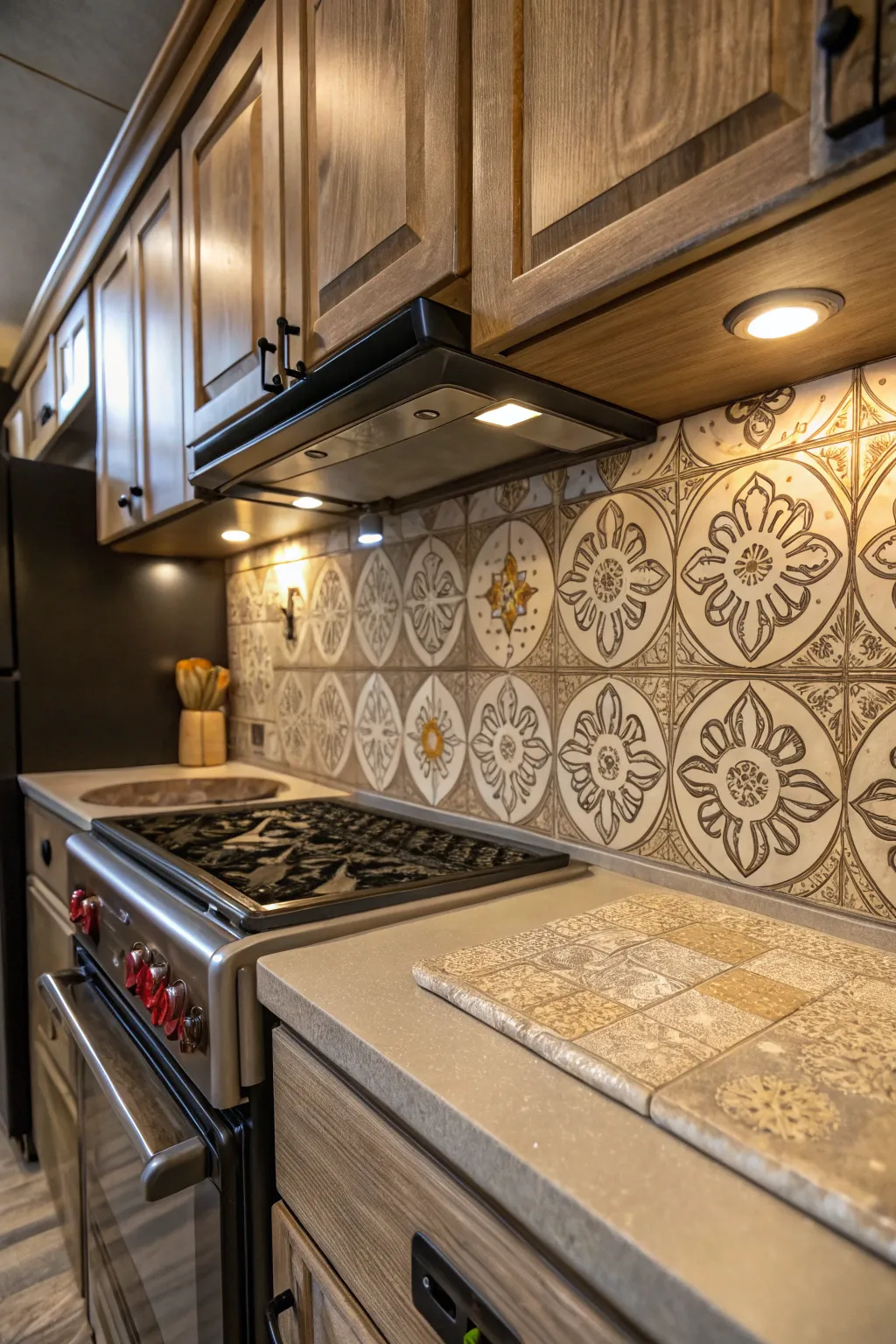 Elevate your trailer kitchen with a custom backsplash that combines style and function.