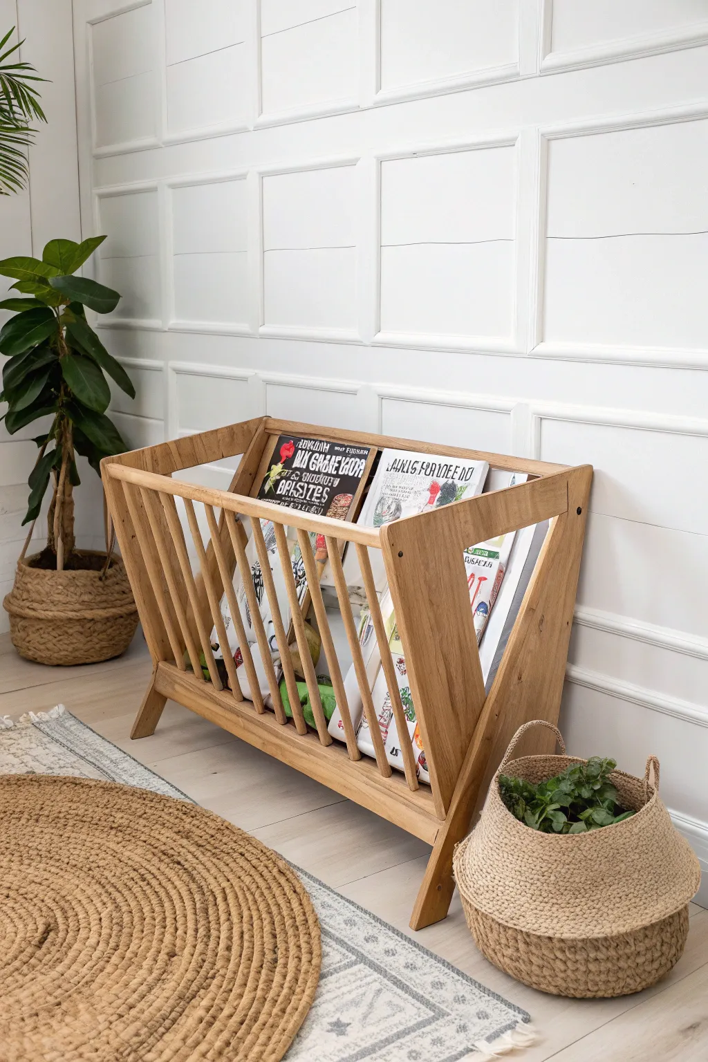 Transform your space with this chic and stylish magazine rack, repurposing a crib side into a minimalist masterpiece.