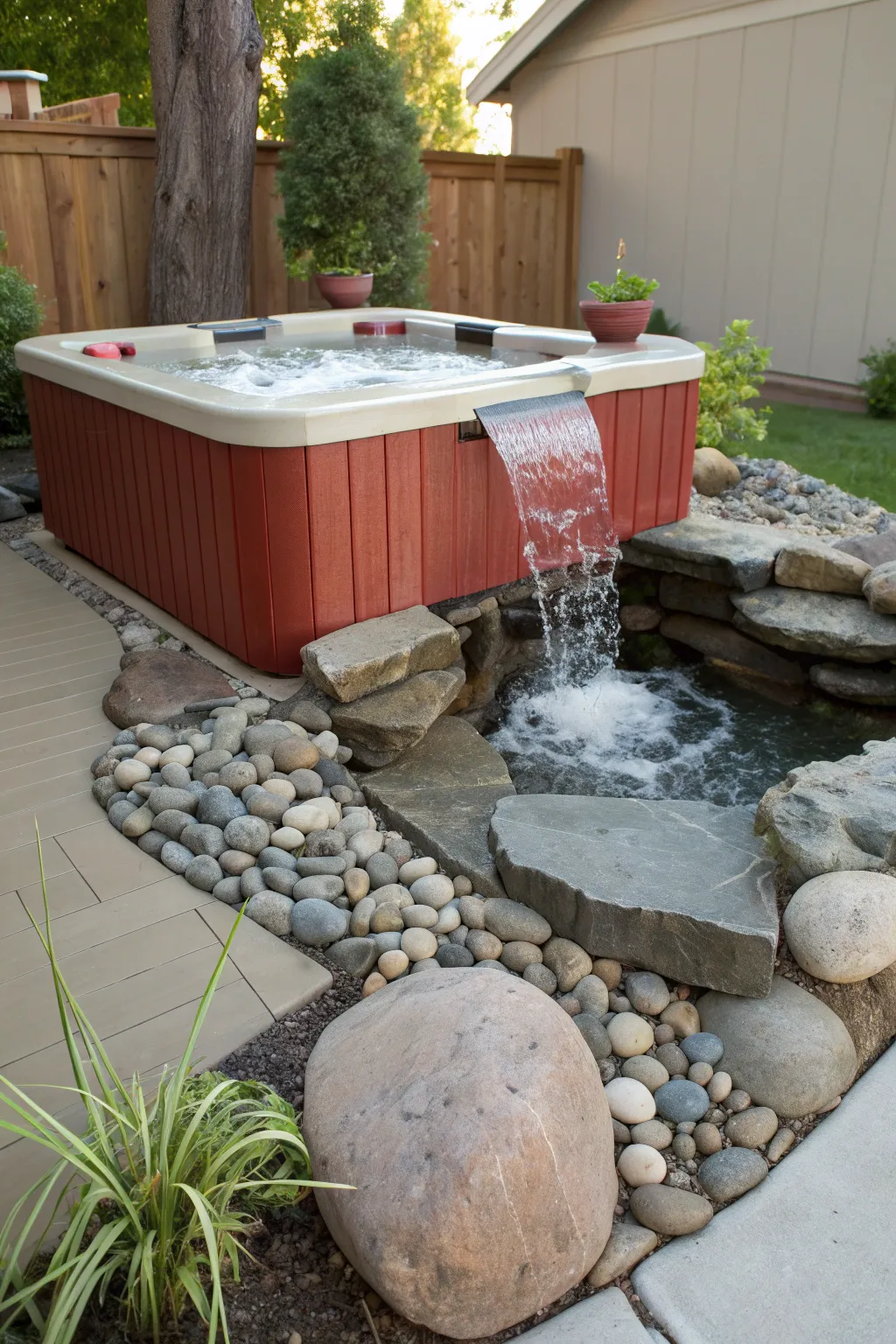Transform your garden into a personal oasis with a repurposed hot tub waterfall feature. Embrace simplicity and natural beauty.