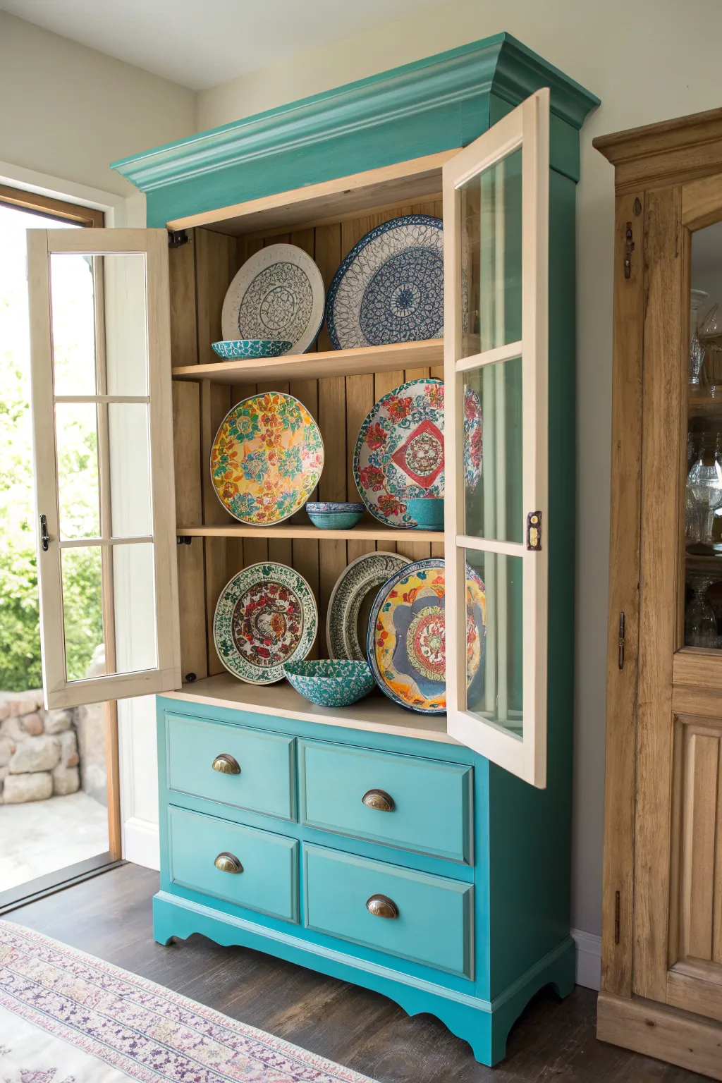 Transform your space with a beautifully curated display of vibrant plates in a minimalist-chic cabinet!