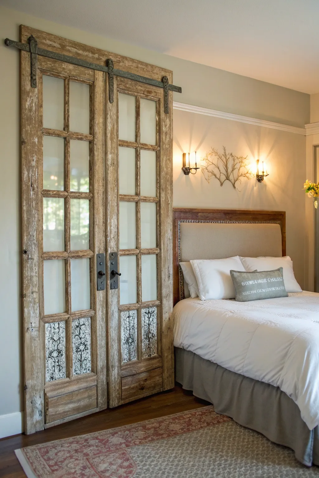 Transform your bedroom into a rustic haven with a French door headboard.