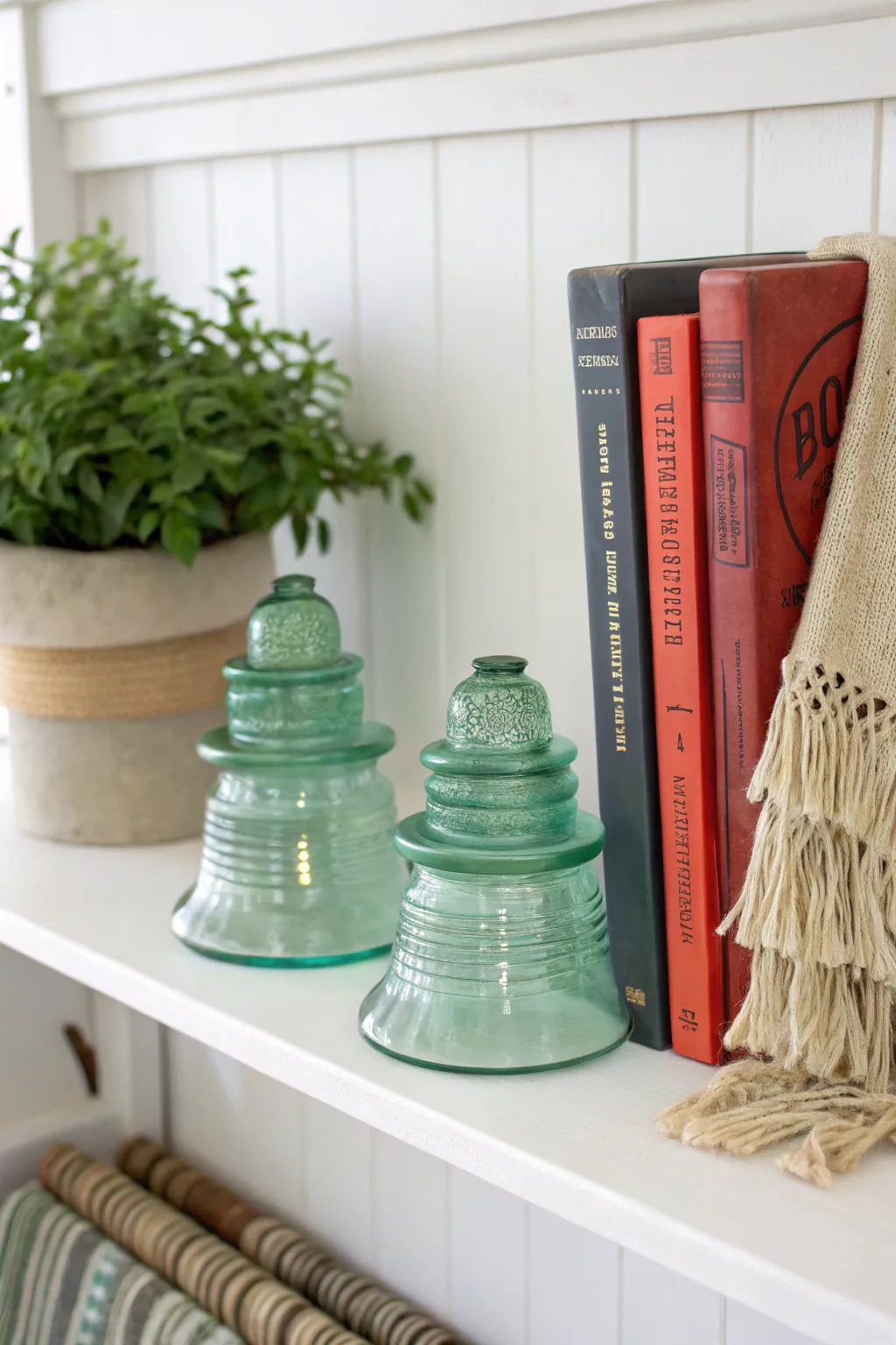 Transform your bookshelf into a work of art with these stunning repurposed glass insulator bookends. #CreativeBookends #ScandiBohoStyle