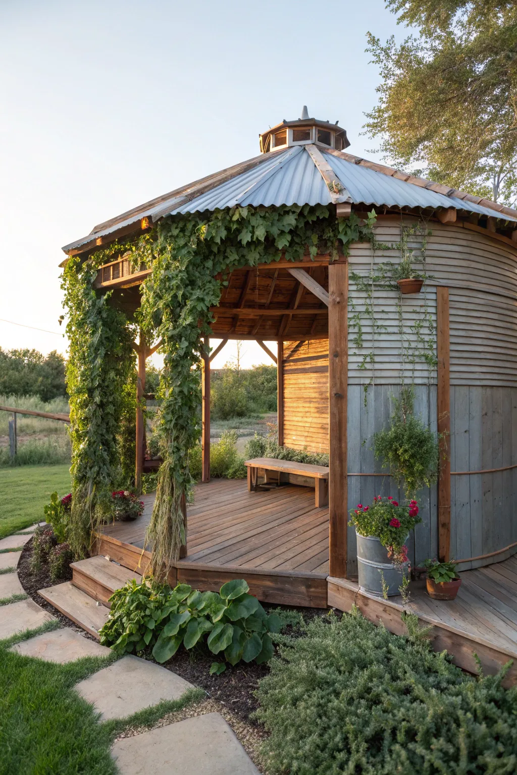 Discover the charm of sustainable design with this repurposed grain bin gazebo—where craftsmanship meets nature.