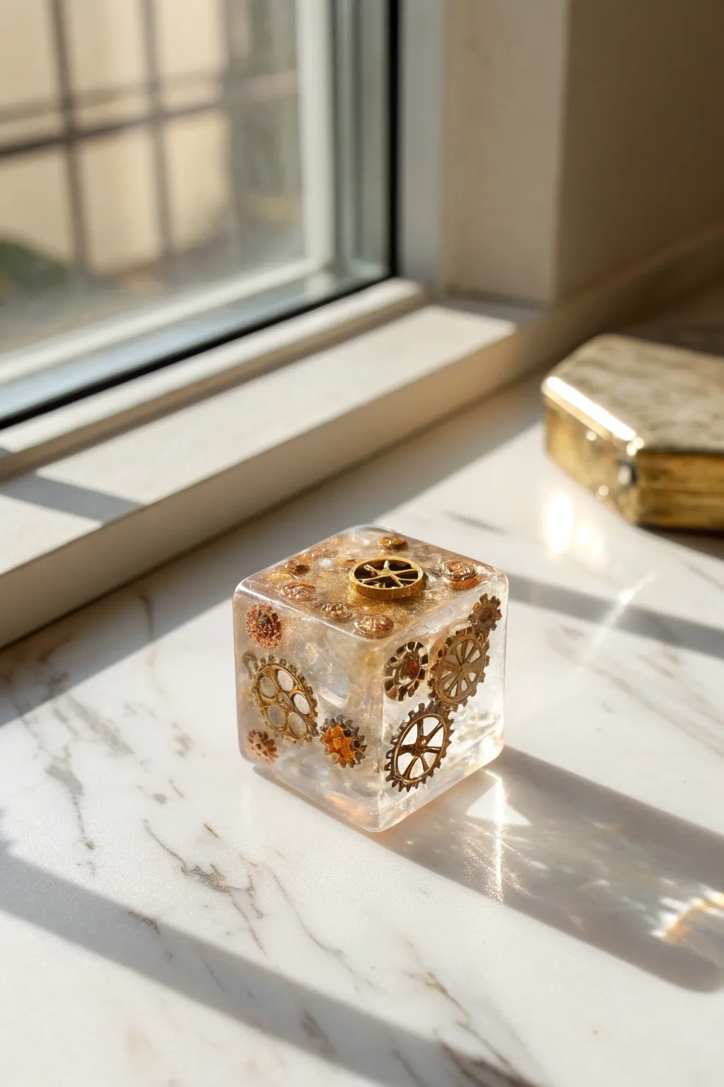 Glimmering elegance in a resin cube: where minimalist beauty meets steampunk flair.